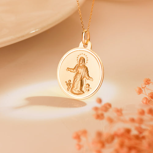 18K Medalla Oro Amarillo Virgen De La Asuncion Bisel 22 mm