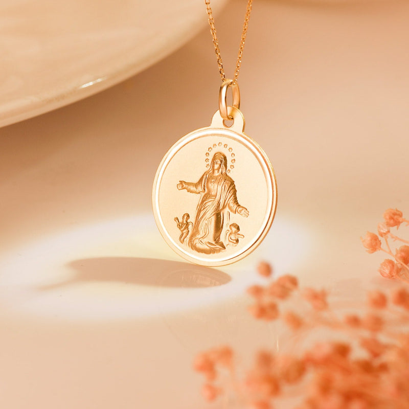 18K Medalla Oro Amarillo Virgen De La Asuncion Bisel 22 mm