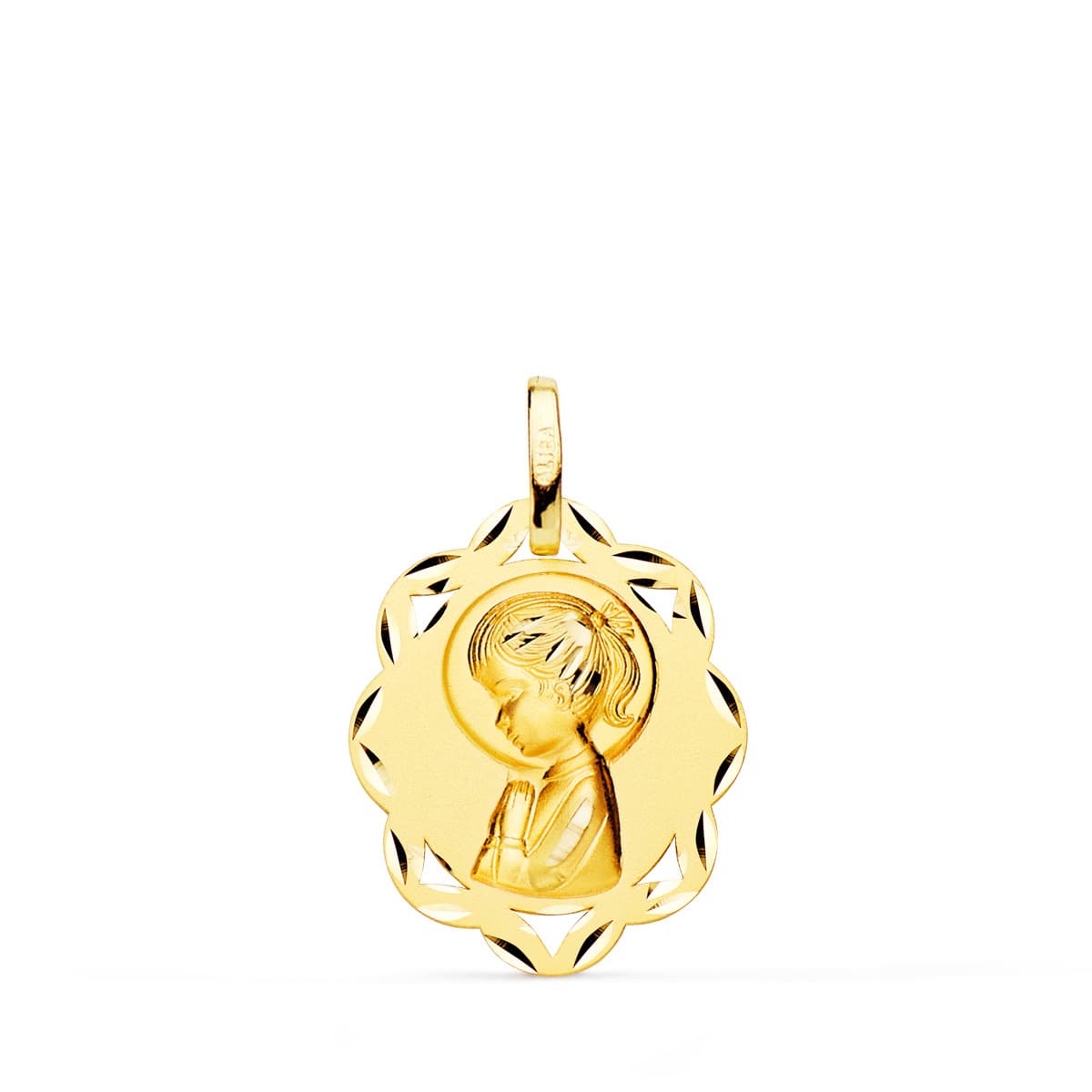 18K Yellow Gold Medal Virgin Girl Leaves Profile Matte and Carved 20x16 mm