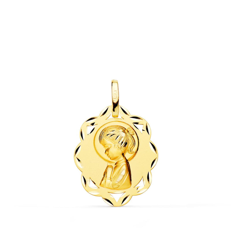 Médaille Or Jaune 18 Carats Feuilles Profil Vierge Fille Passée et Sculptée 20x16 mm