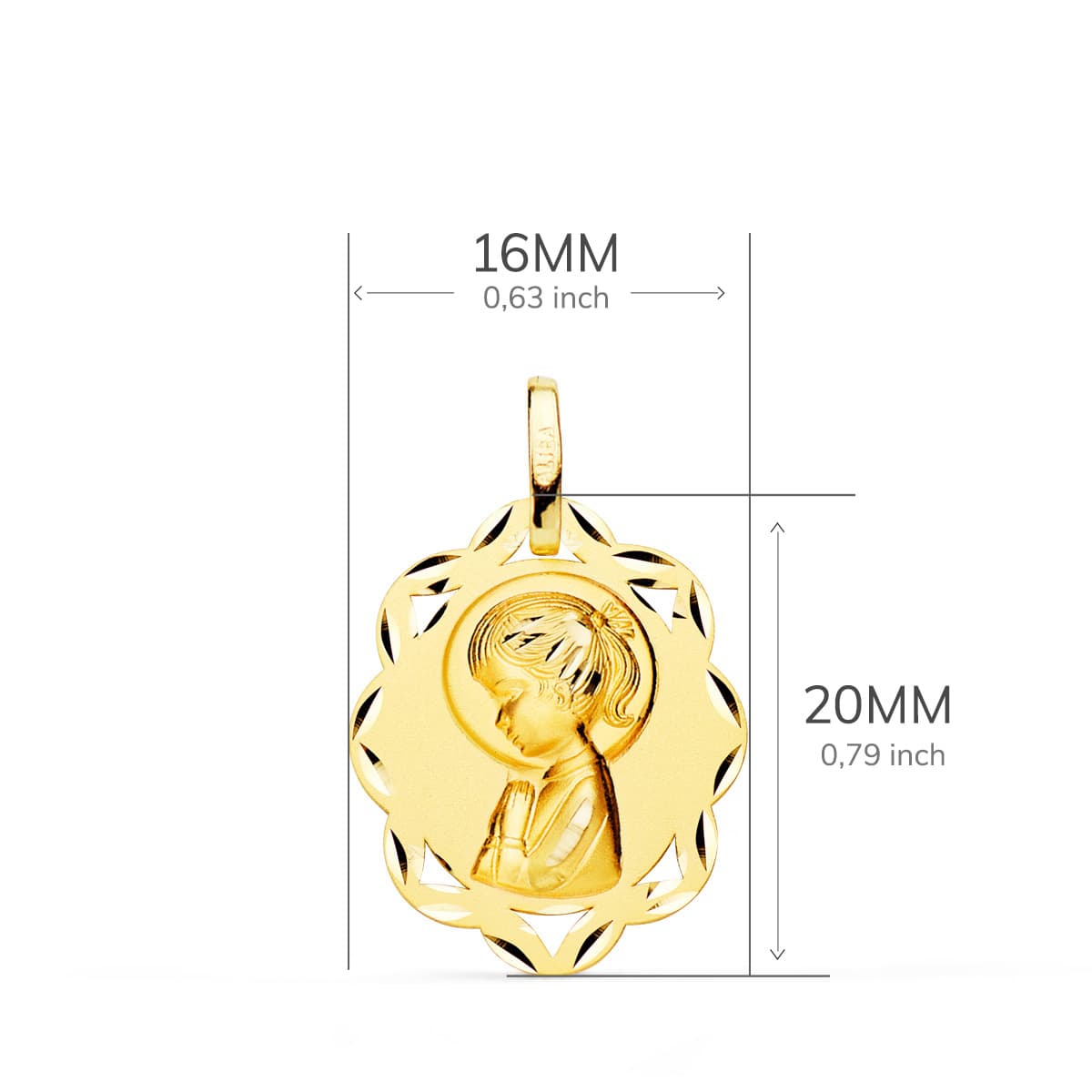 18K Yellow Gold Medal Virgin Girl Leaves Profile Matte and Carved 20x16 mm