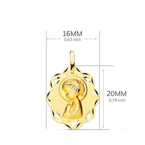 18K Medalla Oro Amarillo Hojas Virgen Niña Perfil Matizada Y Tallada 20x16 mm