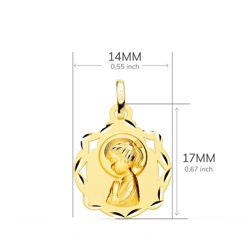 18K Medalla Oro Amarillo Capilla Virgen Niña Perfil Matizada 17x14 mm