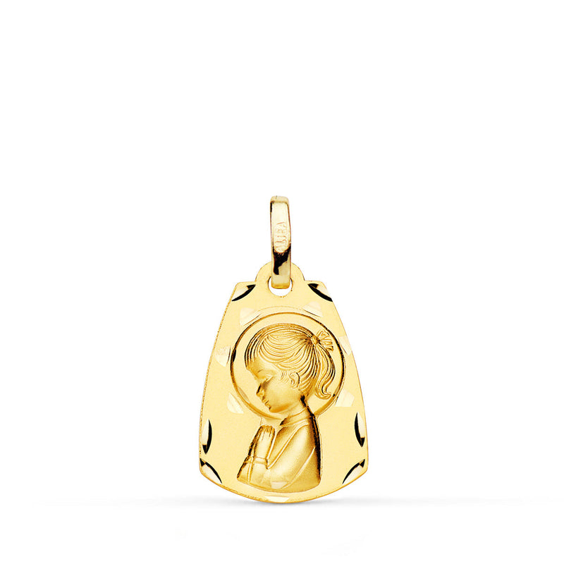 18K Yellow Gold Medal Chapel Virgin Girl Profile Shaded. 19 x 13 mm