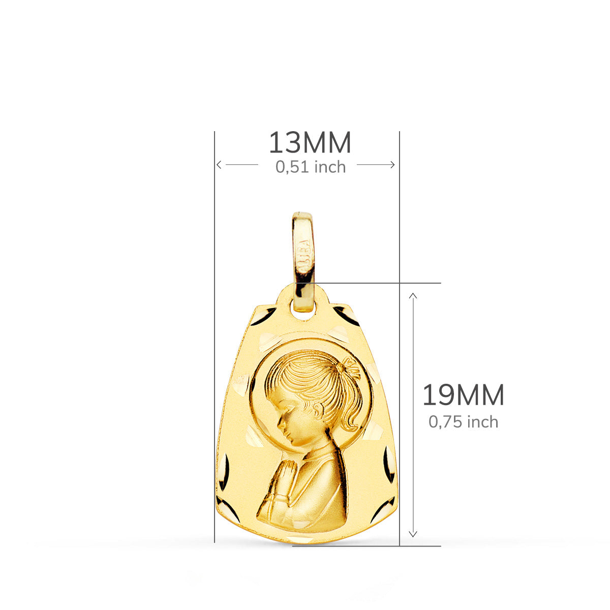 18K Medalla Oro Amarillo Capilla Virgen Niña Perfil Matizada. 19 x 13 mm
