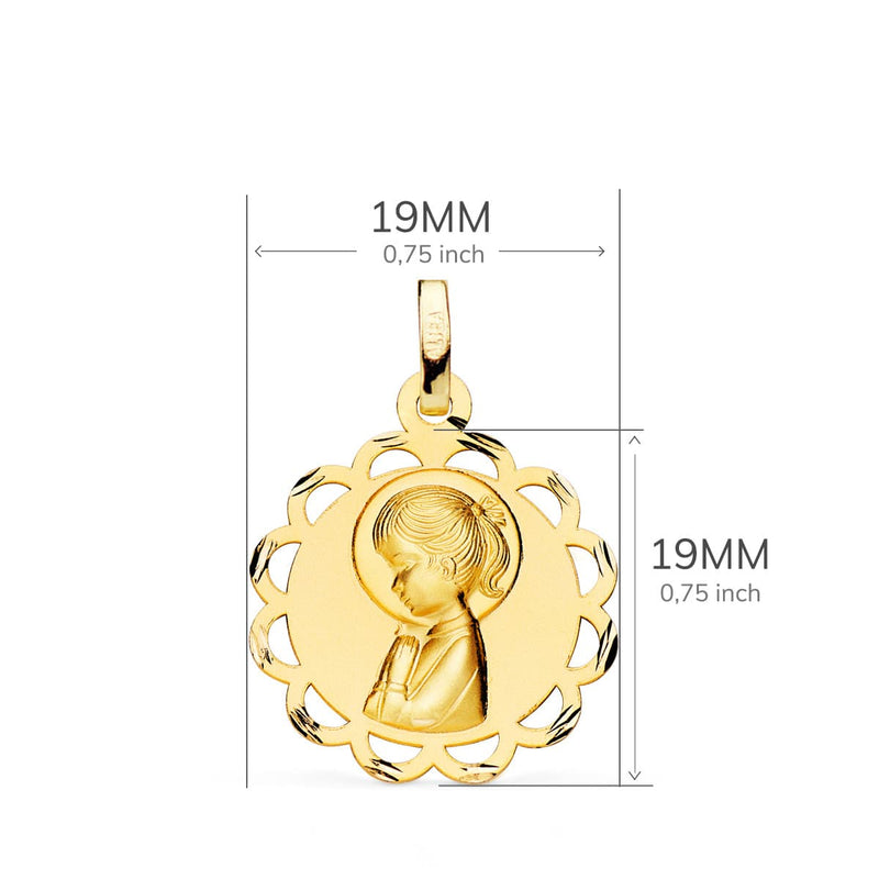 18K Medalla Oro Amarillo Pandereta Virgen Niña Perfil Matizada Y Calada 19 mm