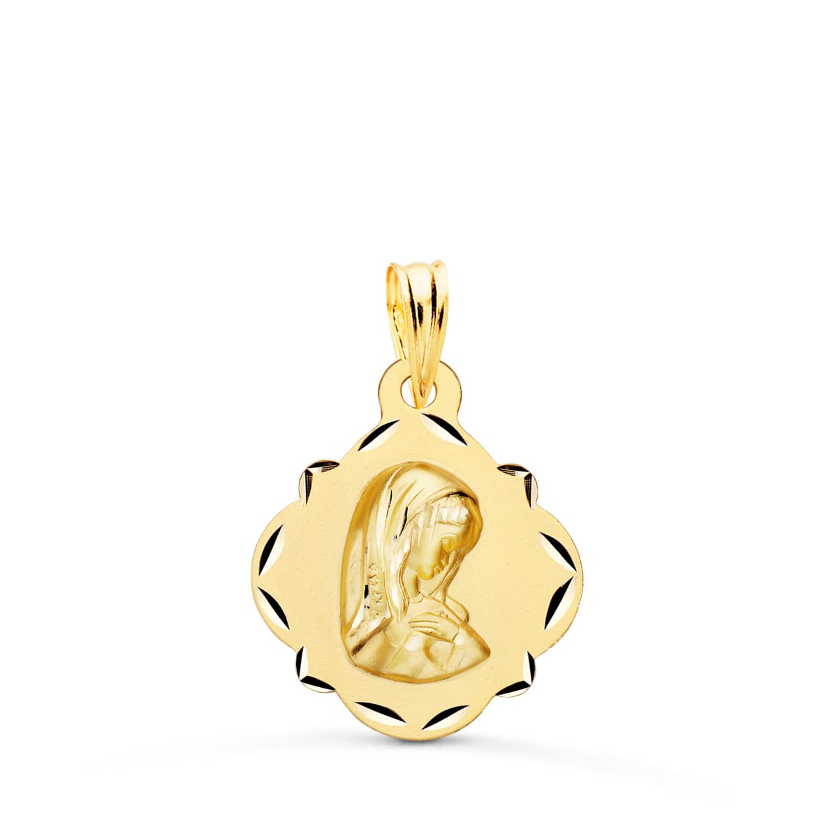 Médaille Vierge Enfant profil tambourin sculpté or jaune 18K 19X16 mm