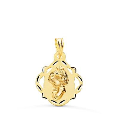 18K Yellow Gold Medal Virgin Girl Openwork Tambourine 19x16 mm