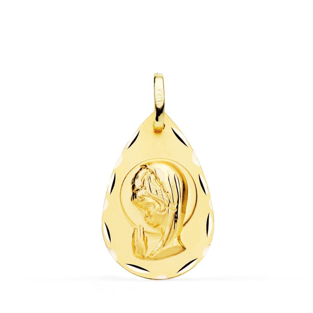 18K Yellow Gold Medal Virgin Girl Carved Tear 19x11 mm