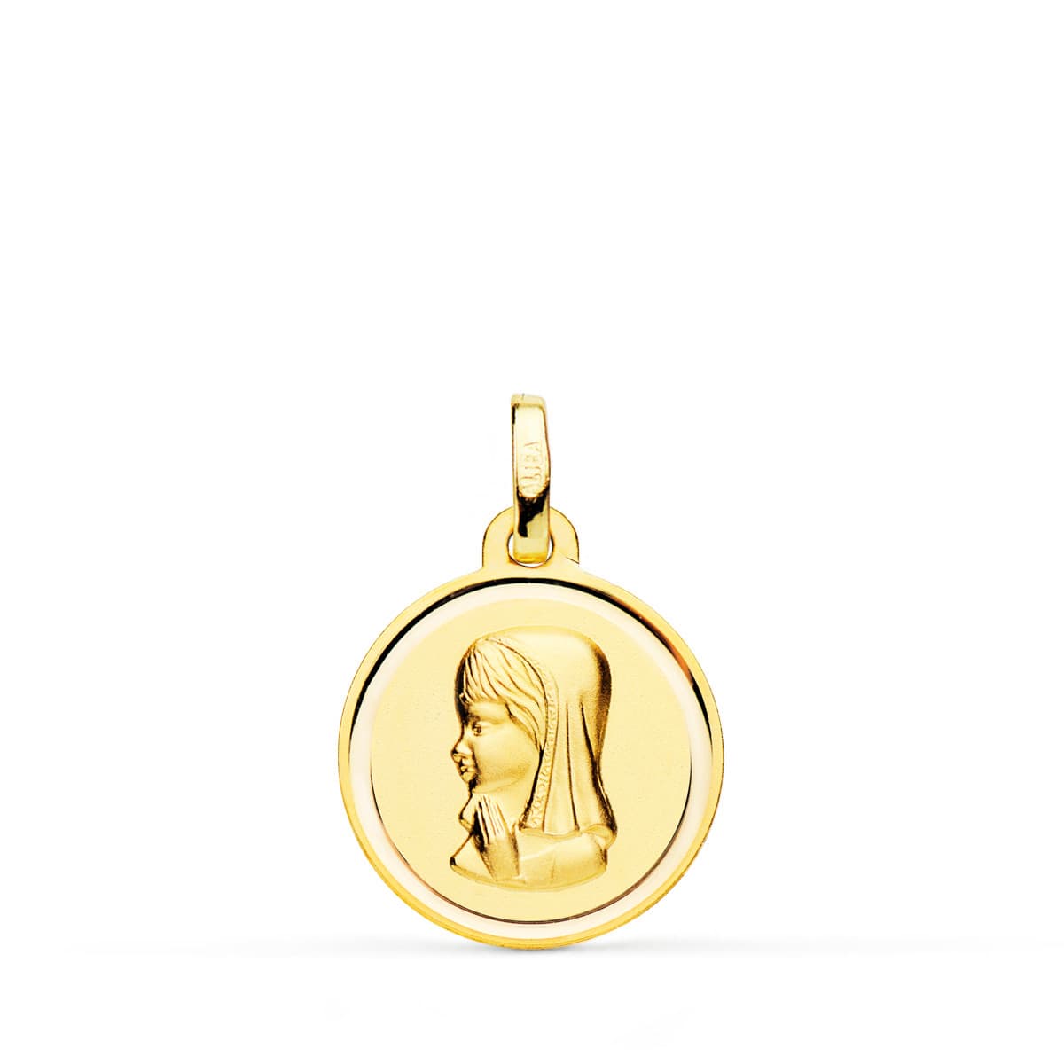 18K Medalla Oro Amarillo Virgen Niña Bisel 16 mm