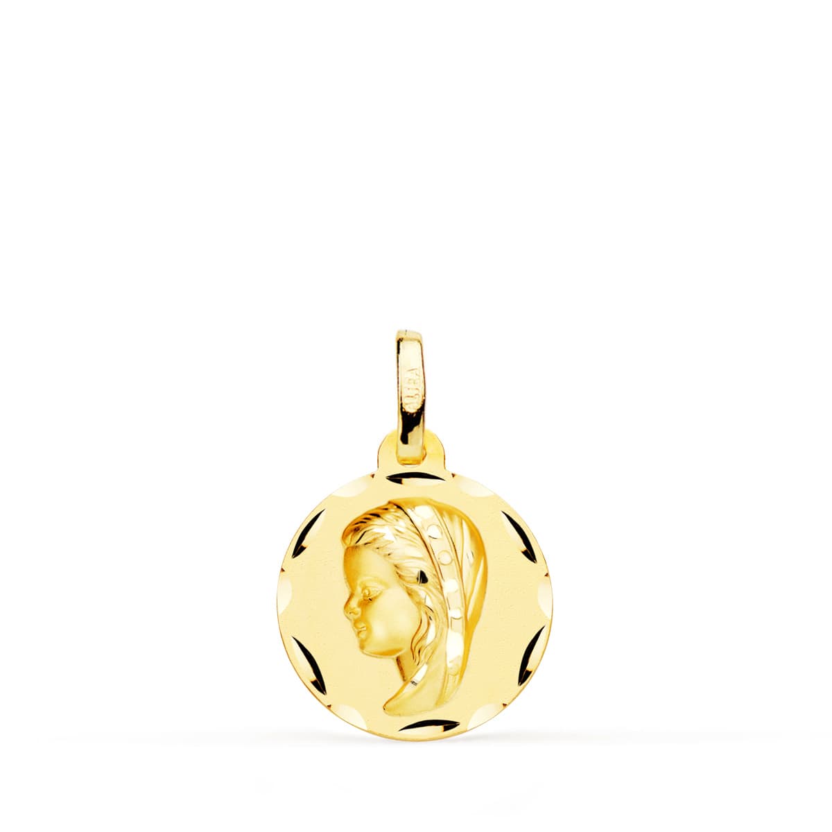 Médaille Vierge Enfant Sculptée Or Jaune 18K 14 mm
