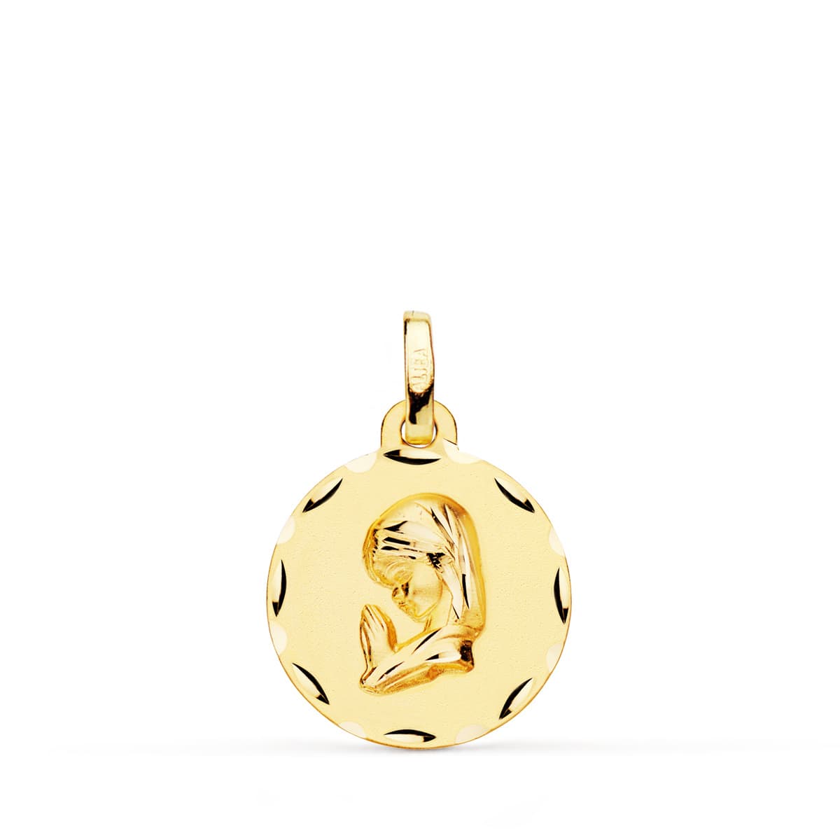 Médaille Vierge Enfant sculptée or jaune 18K 16 mm