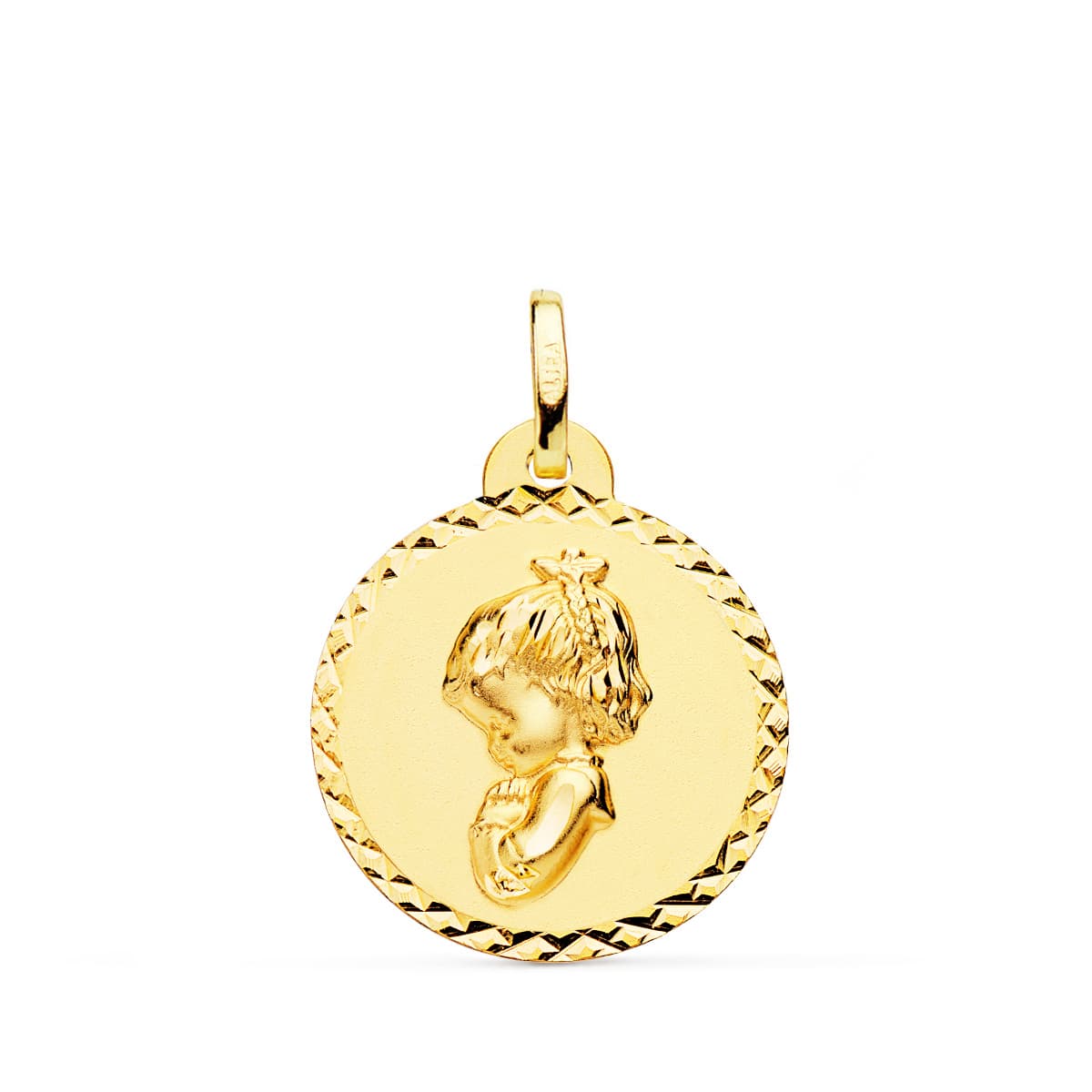 18K Yellow Gold Medal Virgin Girl Praying Crossed Carving 20 mm