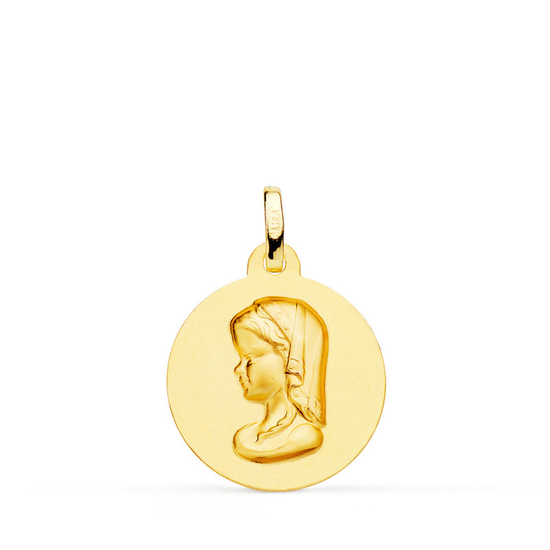 18K Medalla Oro Amarillo Virgen Niña Talla Colgante Cruzada 22 mm