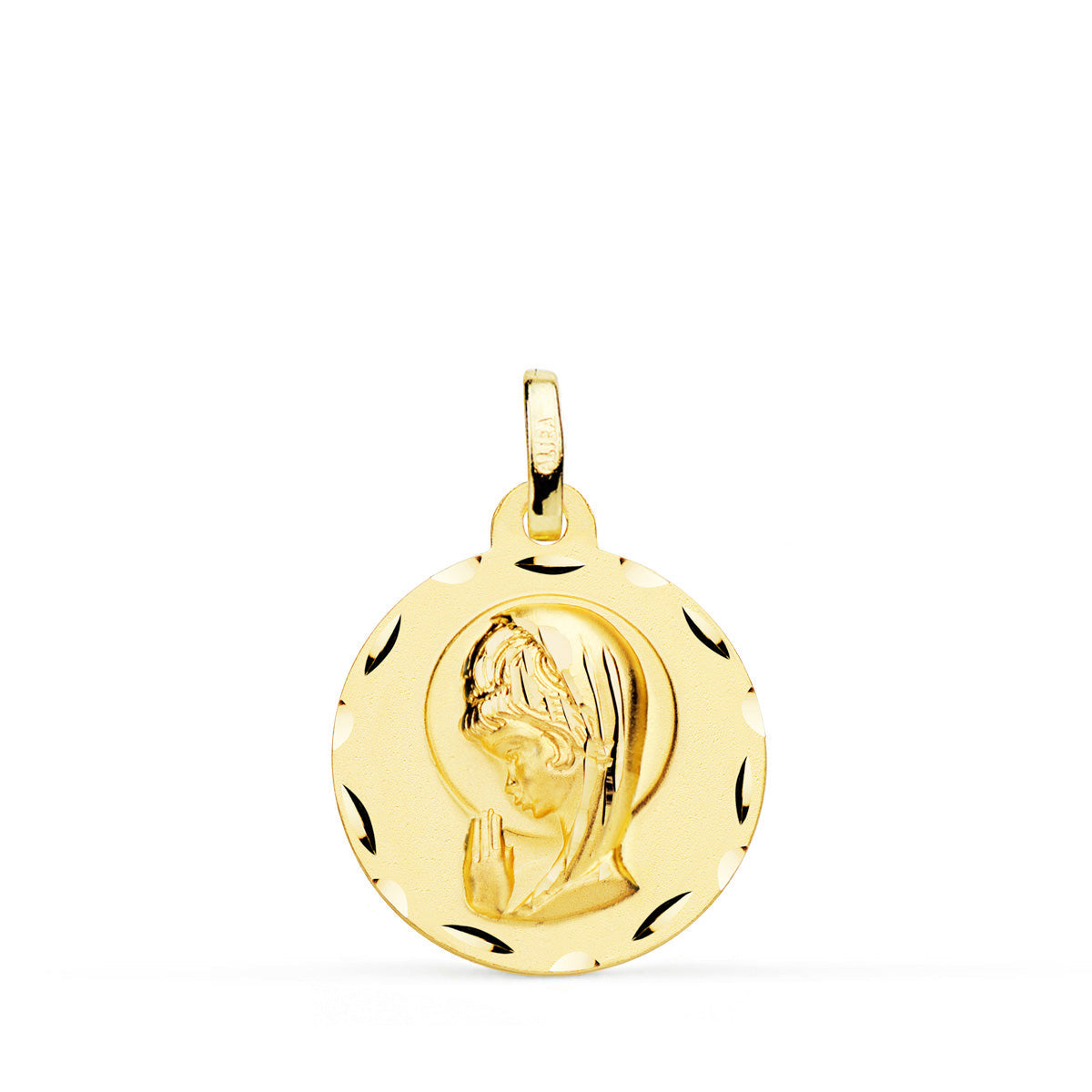 Médaille 18K Or Jaune Vierge Fille Sculptée 18 Mm