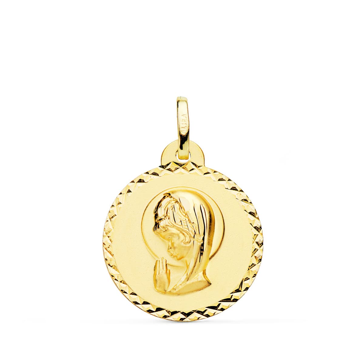 18K Medalla Oro Amarillo Virgen Niña Talla Cruzada 20 mm