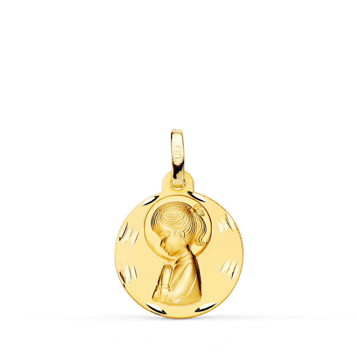 18K Yellow Gold Medal Virgin Girl Profile Shaded And Carved 16 mm