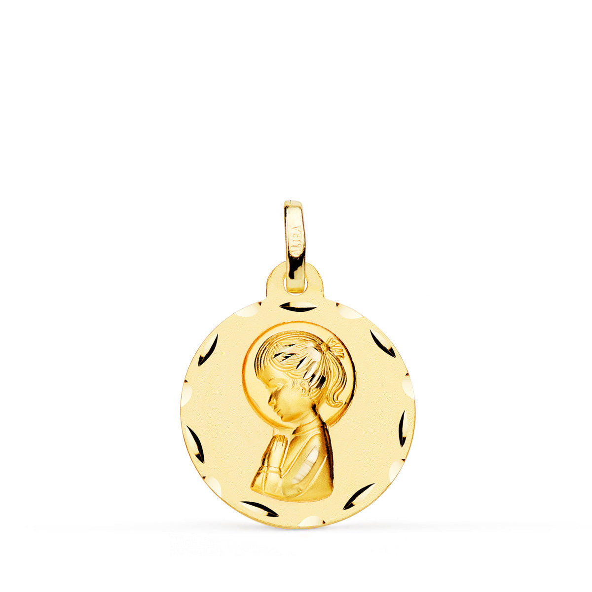 18K Yellow Gold Medal Virgin Girl Profile Shaded And Carved 18 mm