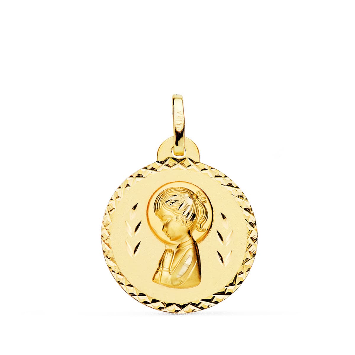 Médaille Vierge Enfant taille croisée or jaune 18K 20 mm
