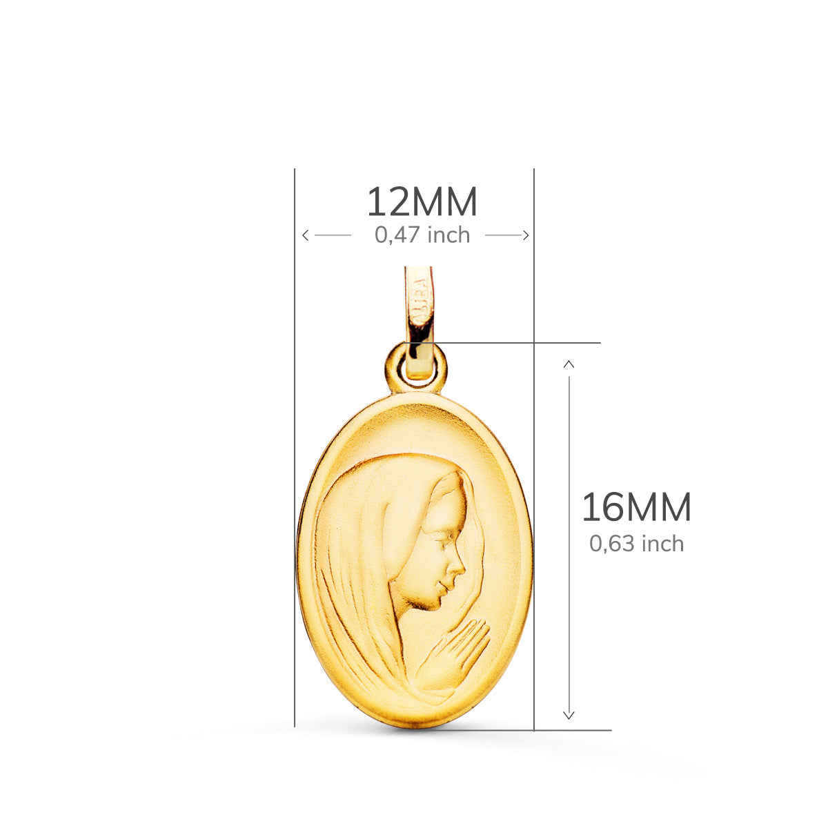 Médaille 18K Or Jaune Vierge Fille Profil Nuancé Et Sculpté 16x12 mm