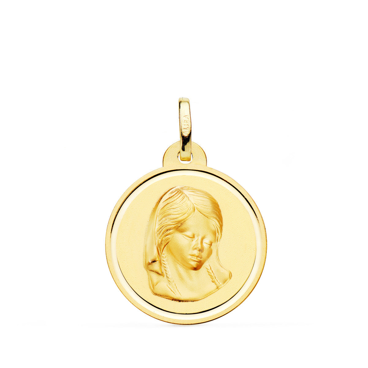 Médaille 18K Or Jaune Vierge Fille Biseau 20 Mm