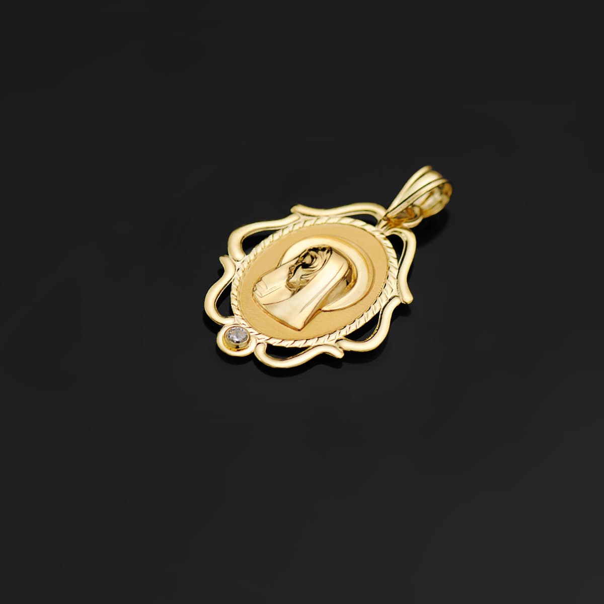 18K Medal Virgin Girl Openwork Frame Shine With Cubic Zirconia 24x17 mm