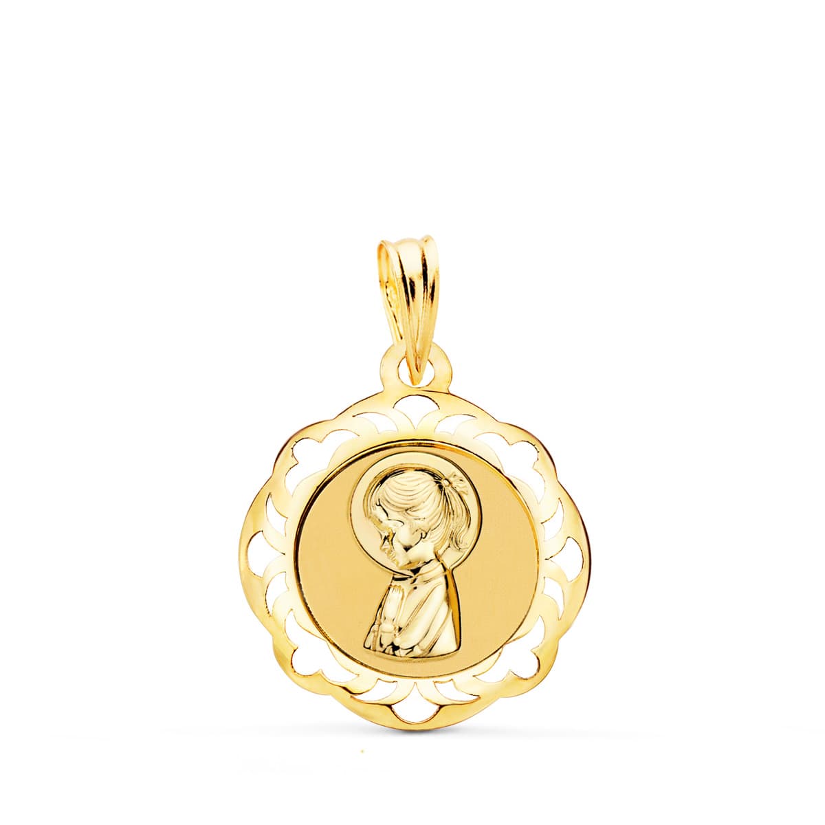 Médaille 18K Vierge Enfant Cercle Découpé Brillant 20 x 18 mm