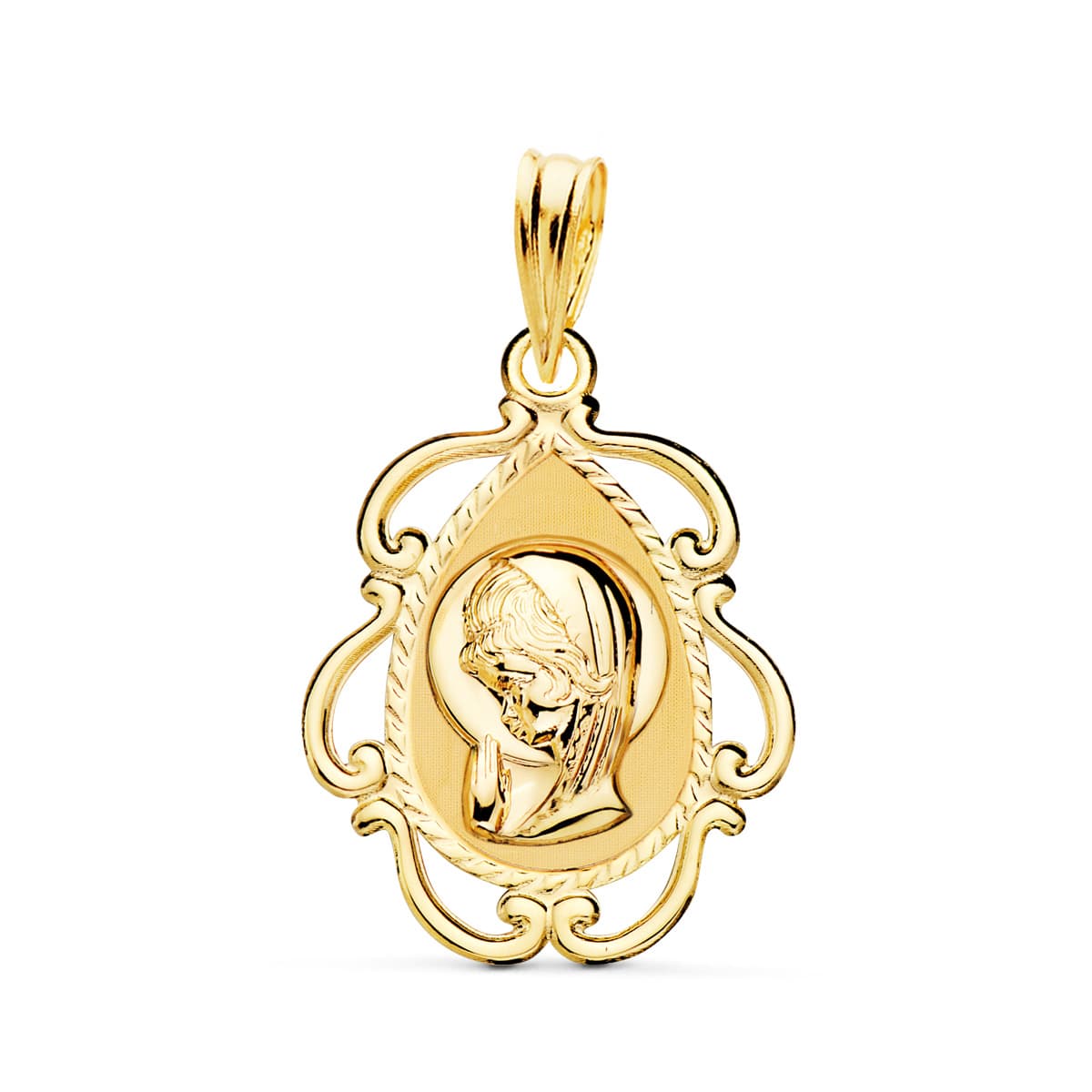 Médaille 18K Vierge Enfant Cercle Découpé Brillant 22 x 16 mm