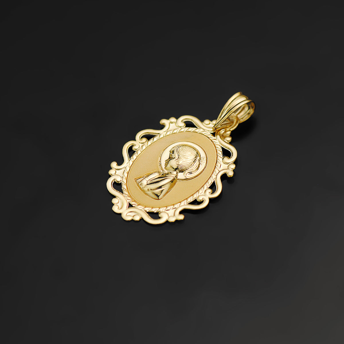 18K Medal Virgin Girl Profile Openwork Frame Shine 23x16 mm