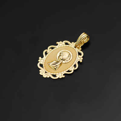 18K Medal Virgin Girl Profile Openwork Frame Shine 23x16 mm