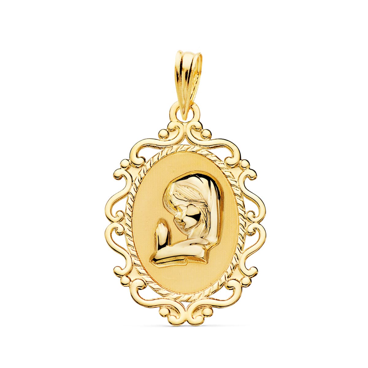 18K Medalla Virgen Niña Perfil Cerco Calado Brillo. 23 X 16 mm