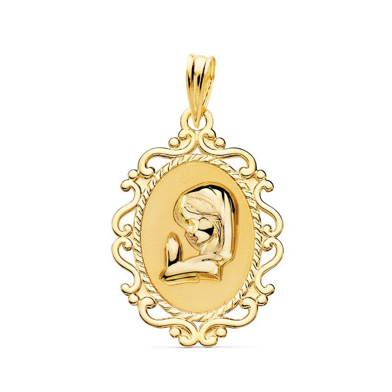 18K Medal Virgin Girl Profile Openwork Frame Shine. 23 X 16 Mm