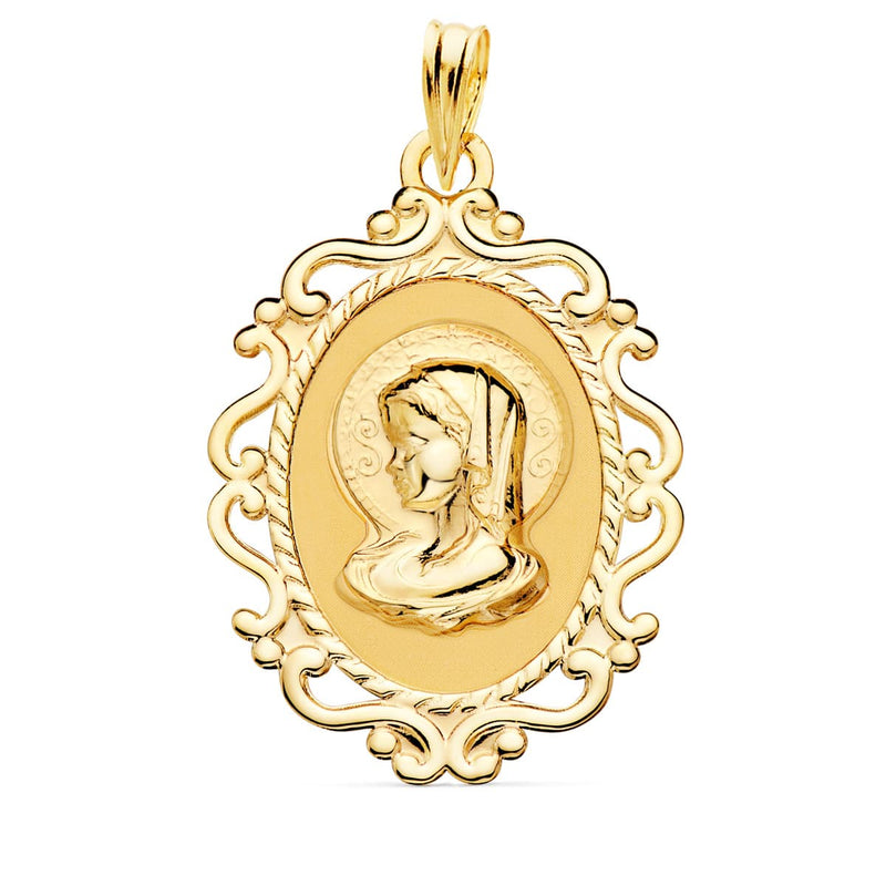 18K Medalla Virgen Niña Cerco Calado En Brillo. 31 x 21 mm