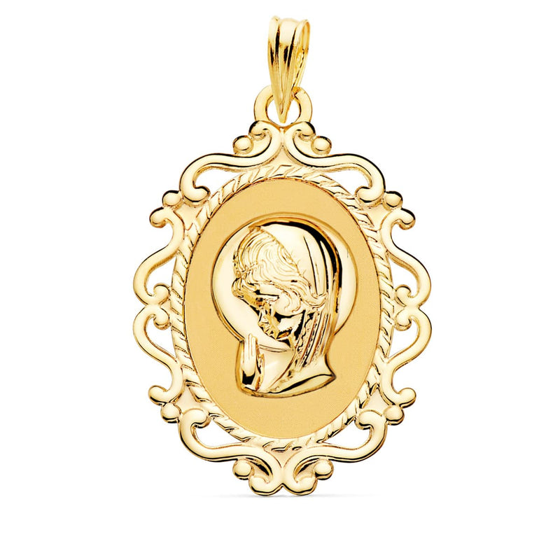 18K Medalla Virgen Niña Cerco Calado En Brillo 31x21 mm