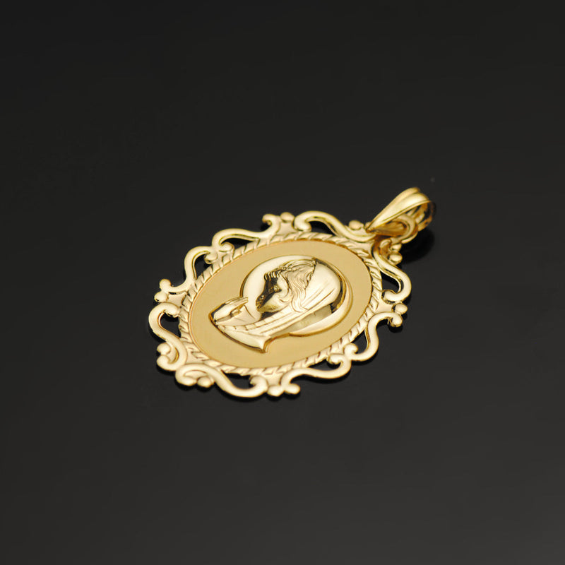18K Medalla Virgen Niña Cerco Calado En Brillo 31x21 mm