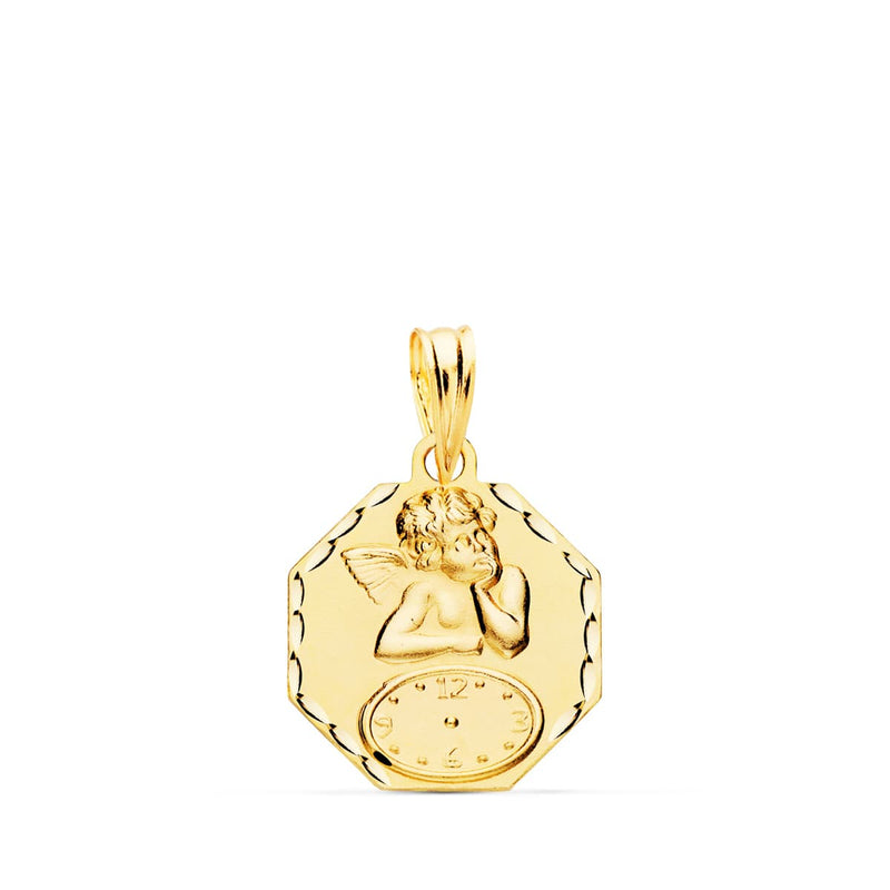 18K Octagonal Angelito Burlon Medal With Carved Clock 15x15 mm