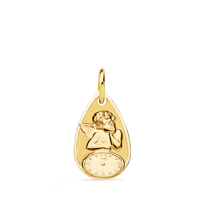 18K Medalla Gota Angelito Burlon Con Reloj Brillo Y Mate 19x11 mm