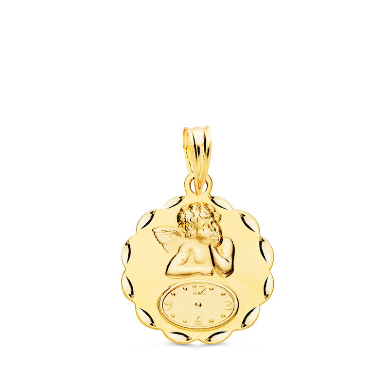18K Medalla Redonda Angelito Burlon Con Reloj Tallada 16 mm