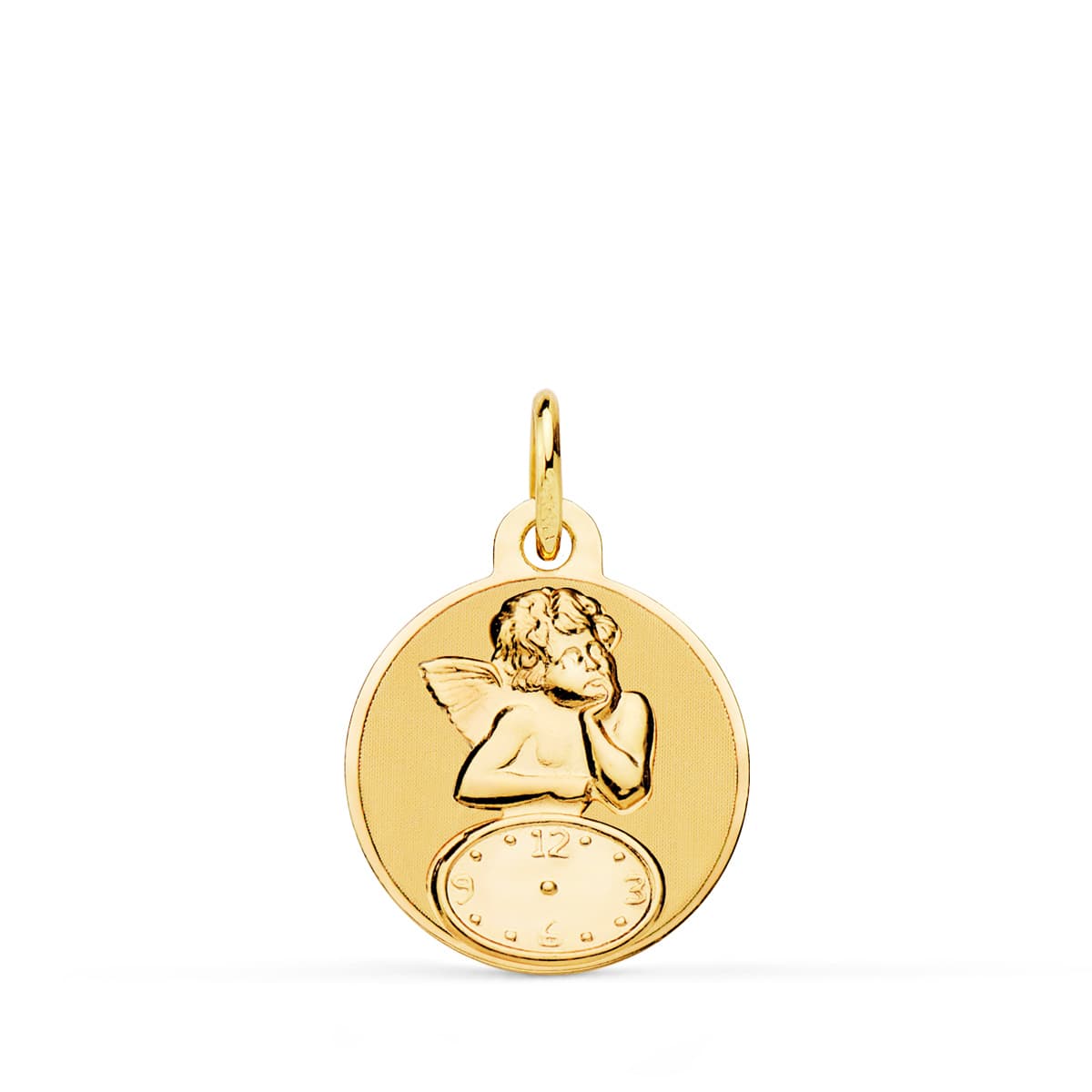 18K Runde Medaille Engel Burlon Mit Uhr Glanz und Matt 15 mm