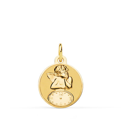 18K Medalla Redonda Angelito Burlon Con Reloj Brillo Y Mate 15 mm