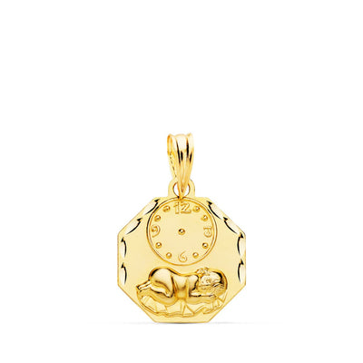 18K Medalla Octogonal Niño De La Hora Con Reloj Tallada 15x15 mm