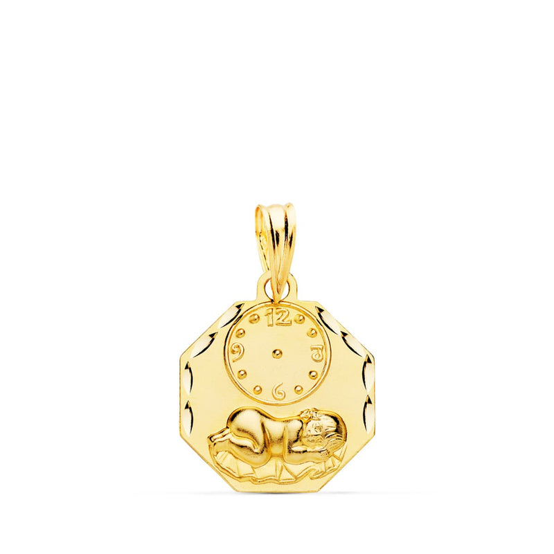 18K Octagonal Medal Child of the Hour with Clock Carved 15x15 mm