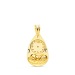 18K Drop Medal Child of the Hour with Carved Clock 19x11 mm
