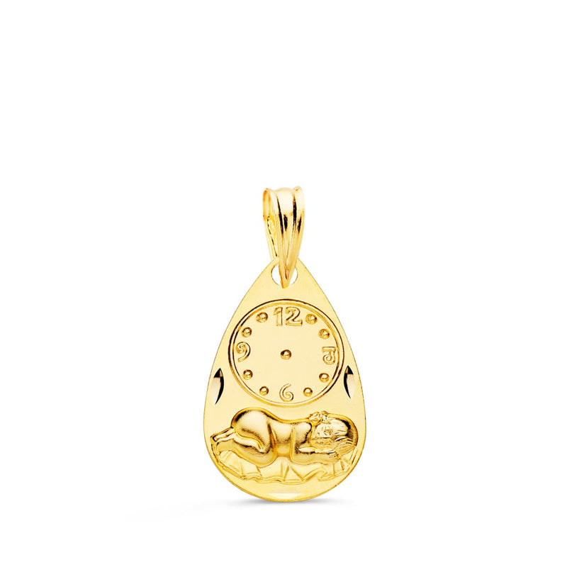 18K Drop Medal Child of the Hour with Carved Clock 19x11 mm
