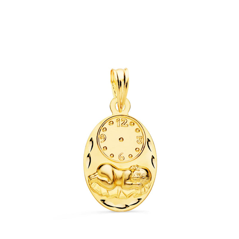 18K Oval Medallion Child of the Hour with Carved Clock 19x12 mm