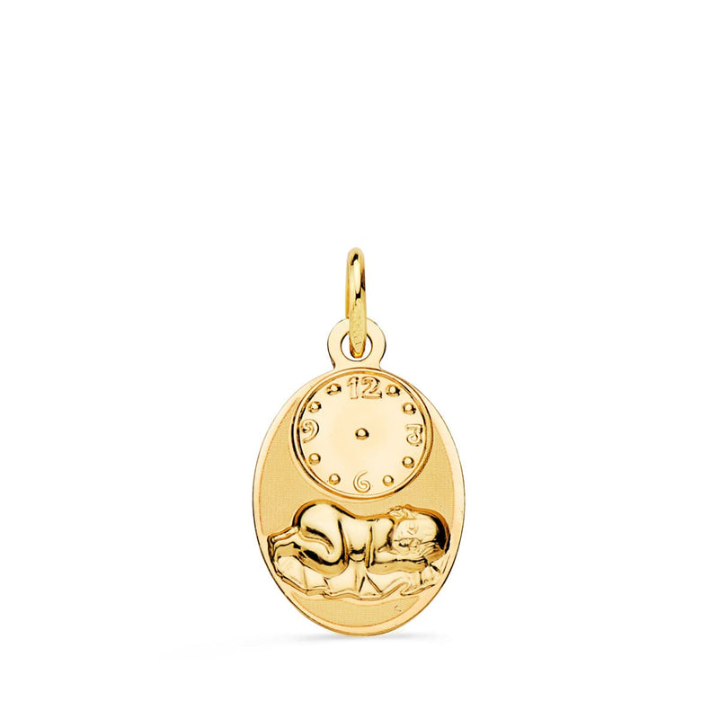 18K Medalla Oval Niño De La Hora Con Reloj Brillo Y Mate 19x12 mm