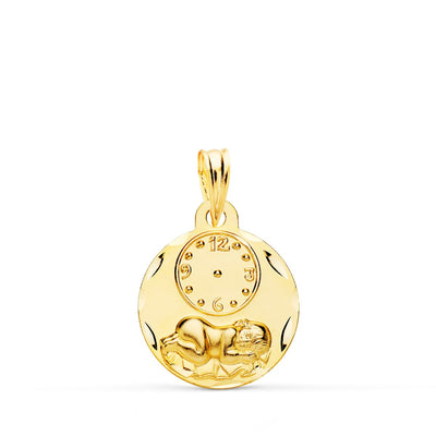 18K Medalla Redonda Niño De La Hora Con Reloj Tallada 15 mm