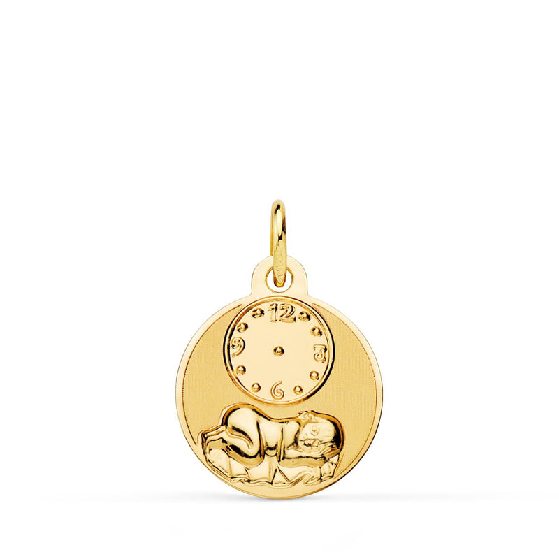 18K Round Child of the Hour Medal with Glossy and Matte Clock 15 mm