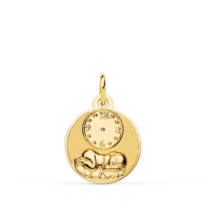 18K Round Medal Child of the Hour with Clock Glossy and Matte 15 mm