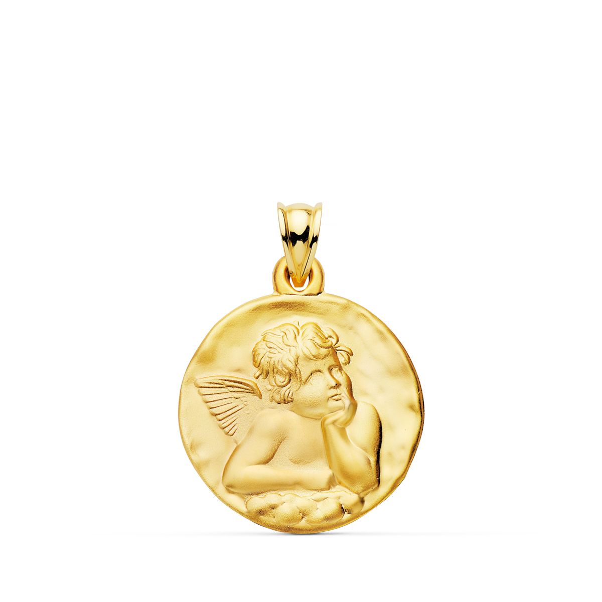 18K Round Yellow Gold Medal Naughty Little Angel Matte 24 mm